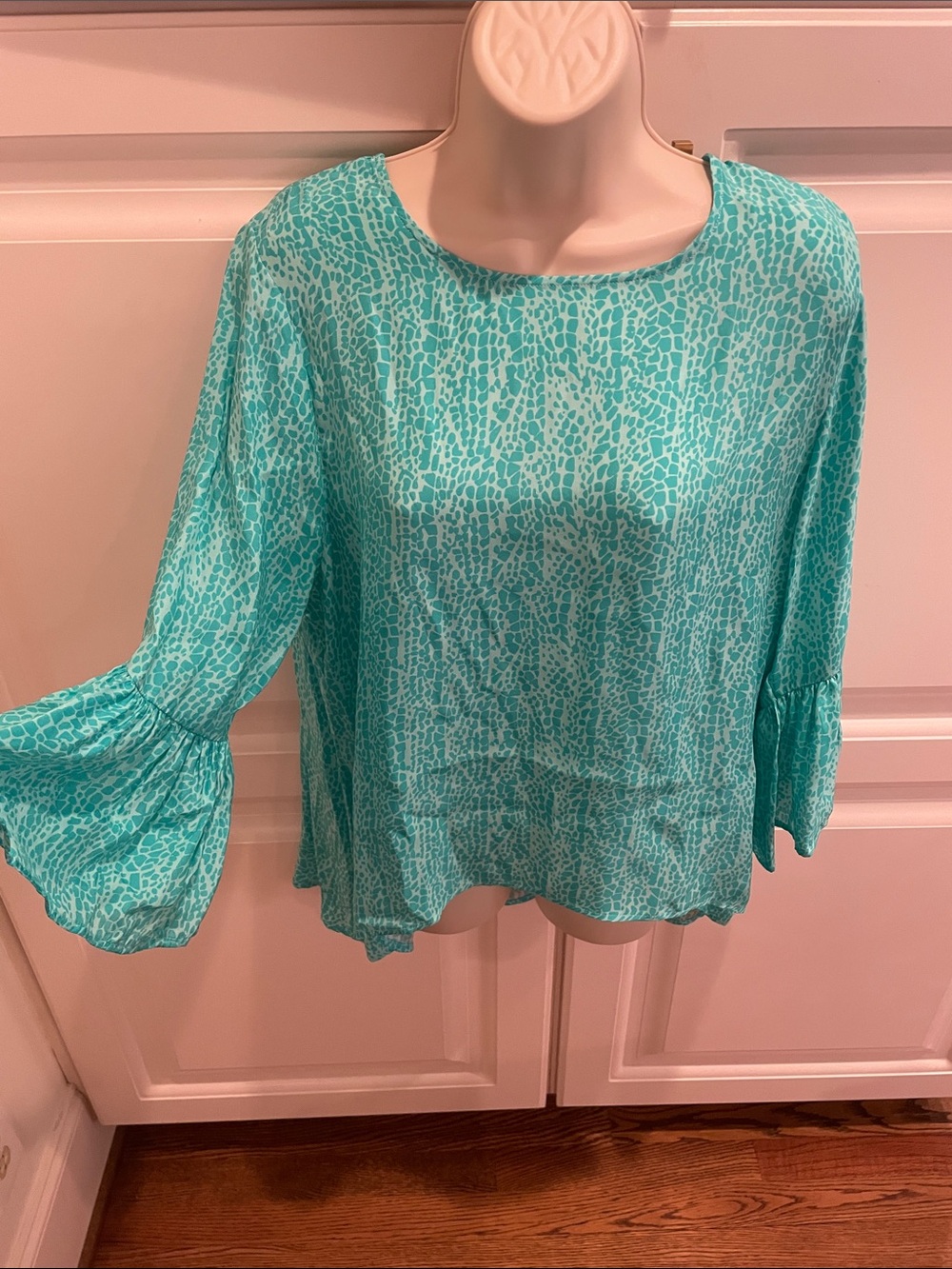 La Roque mint snake print silk blouse with flutter sleeve OS
